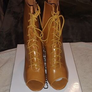 Cape Robbin Tan Lace-Up Peep Toe Ankle Boots